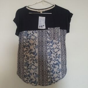 Jolt Pullover Blouse XS Cuff-Short Sleeve Blue/Floral Colorblock NWT